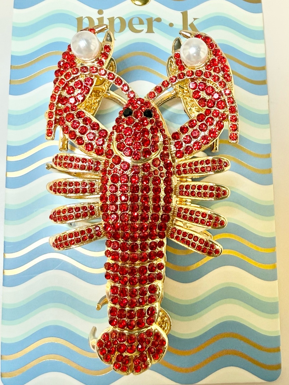 Piper•K Red Crystal Lobster Hair Clip - Gold Tone Rhinestones NEW